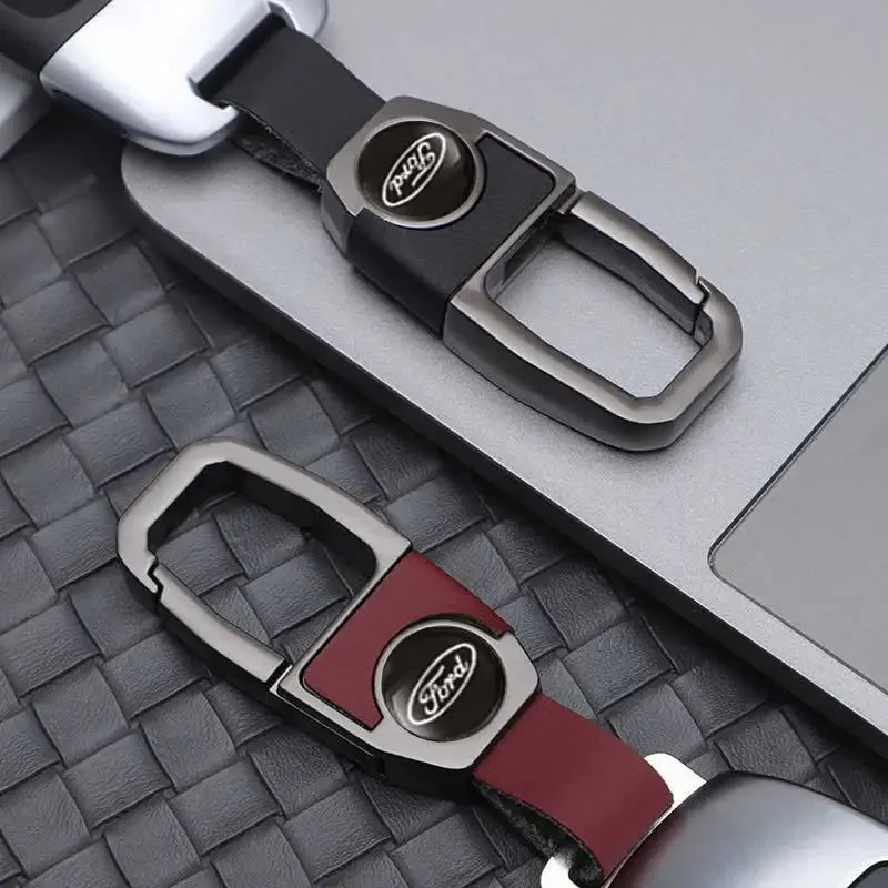 Car Keychain Zinc Alloy Leather Strap Ford Logo Pendant 4 Color Options Durable Car Key Accessory for Ford F-150 Mustang Focus