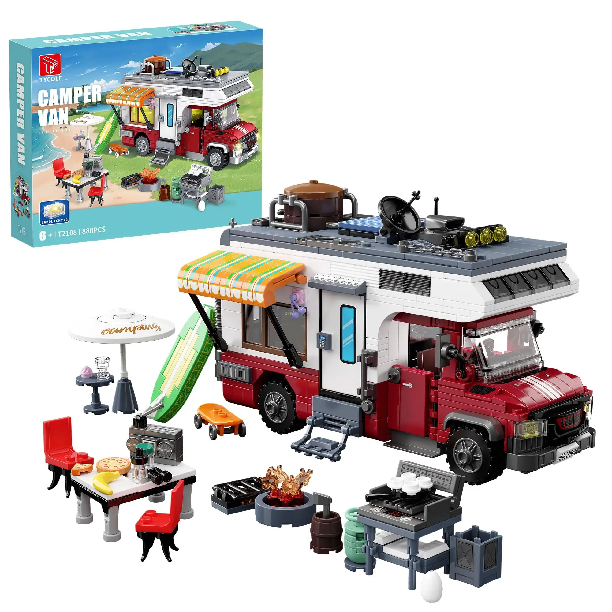 

880Pcs City Camper Van Building Set-Beach Camping Themed Construction Toys Kits with Lights RV Car Model Birthday Gifts for Kids