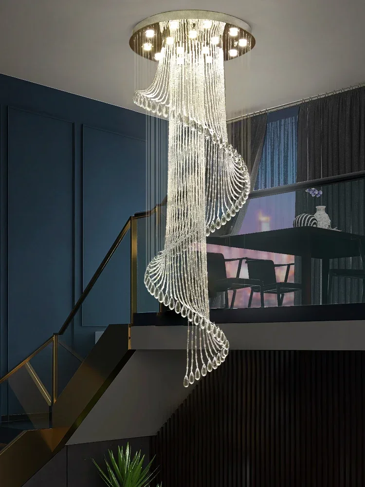 Duplex Building Crystal Dimming Chandelier Luxury Living Room Rotating Villa Hollow Pendant Light