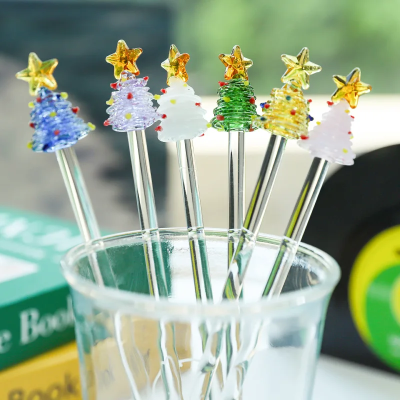 

Cute Christmas Glass Handcrafted Mixing Stick Creative Long Handle Glass Stirring for Juice Coffee Festive Holiday Drinks New