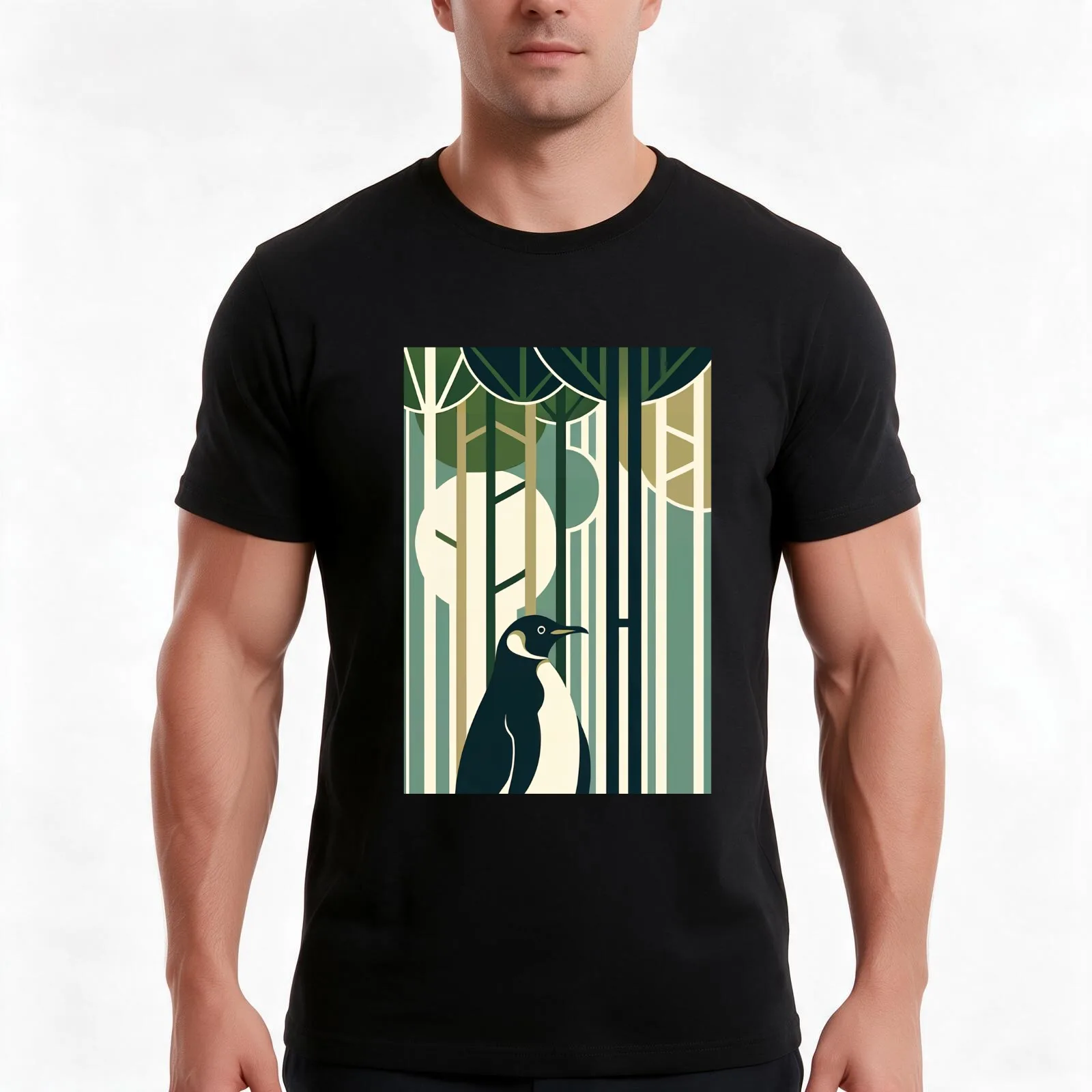 Olive Green Cream Penguin In Retro Vintage 60s 70s Illustration Forest T-Shirt, Summer Casual Cotton Tee, Vintage Graphic Print