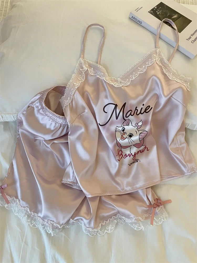 

Cartoon Mary Print Ice Silk Spwear Women's Summer New Sle Lace Trim Strap ort Pants Home Clothes Set