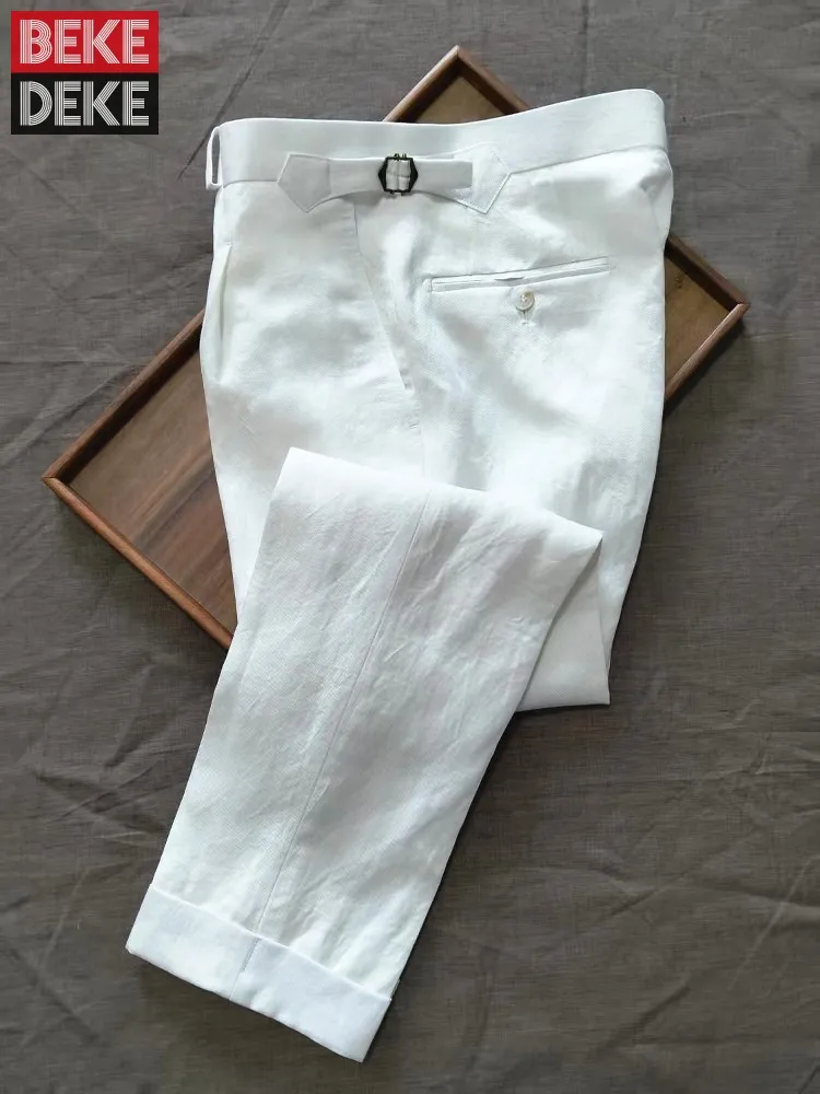 Top Quality Mens Spring Summer Linen Fashion High Waisted Pants Button Casual Straight-Leg Trousers Slim Fit Full Length Pant