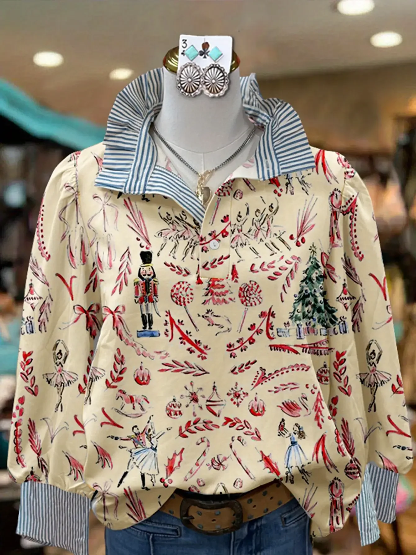 2026Ladies' striped casual fashion shirt with multi-color striped collar and half button shirt pattern,Red large floral print