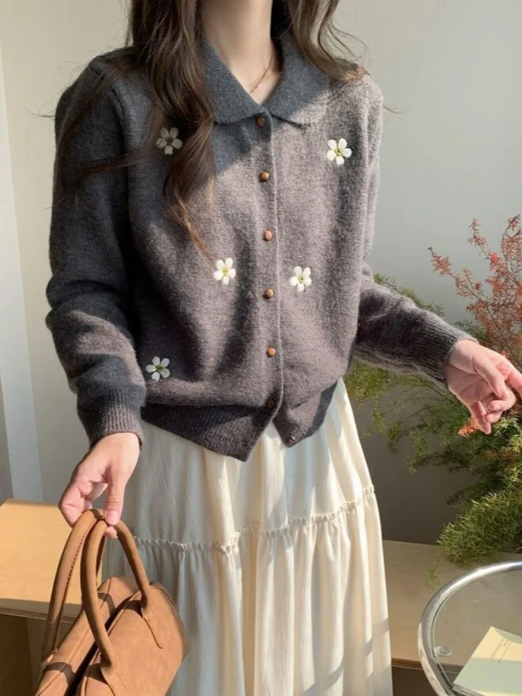 Sweet Sle المطرزة الأزهار Ne تريكو ملابس خارجية المرأة فضفاضة تناسب الخريف الشتاء Faion الكورية Sle الأعلى #2