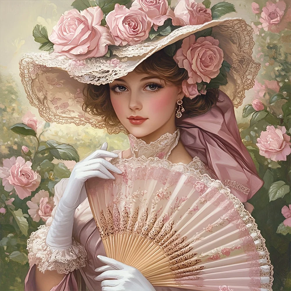 Diamond Painting, Mosaic Handicraft, Perfect Holiday Gift, Vintage Noble Lady With Rose Lace Hat Fan Among Pink Roses Home Decor