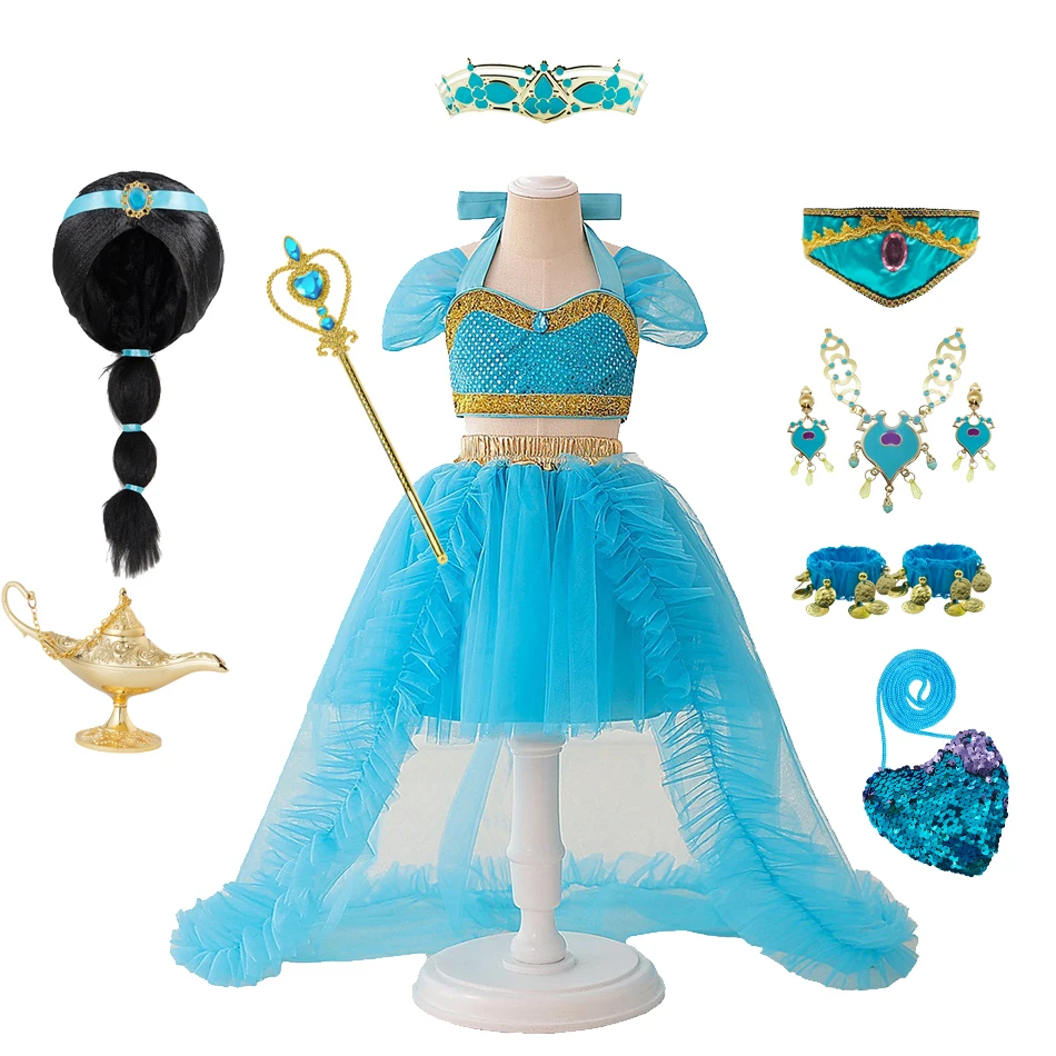 Girls Jasmin Princess Costume Dress with Detachable Tail Genie Lamp Inspired Gown For Halloween Christmas Party