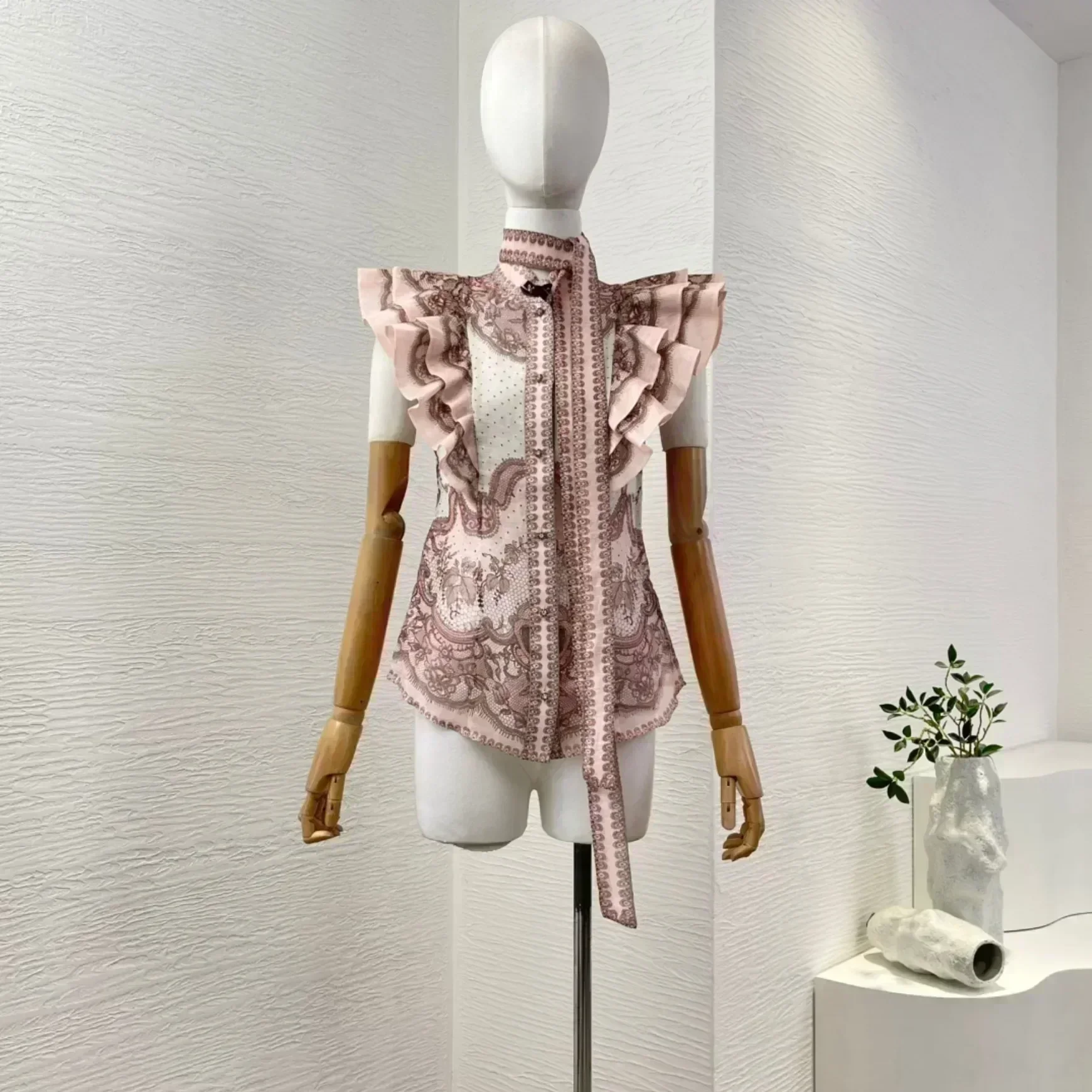 

Sexy Silk2025 New Collection Women Outfit High Quality Holiday Linen Silk Floral Print Pleat Ruched Ruffles Top Blouse And Midi