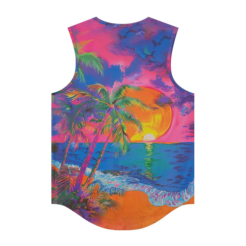 Men's Fashion Sleeveless Bottom Shirt Seaside Colorful Sunset Oil Painting Printing Tank Top Outdoor Sports Quick Drying