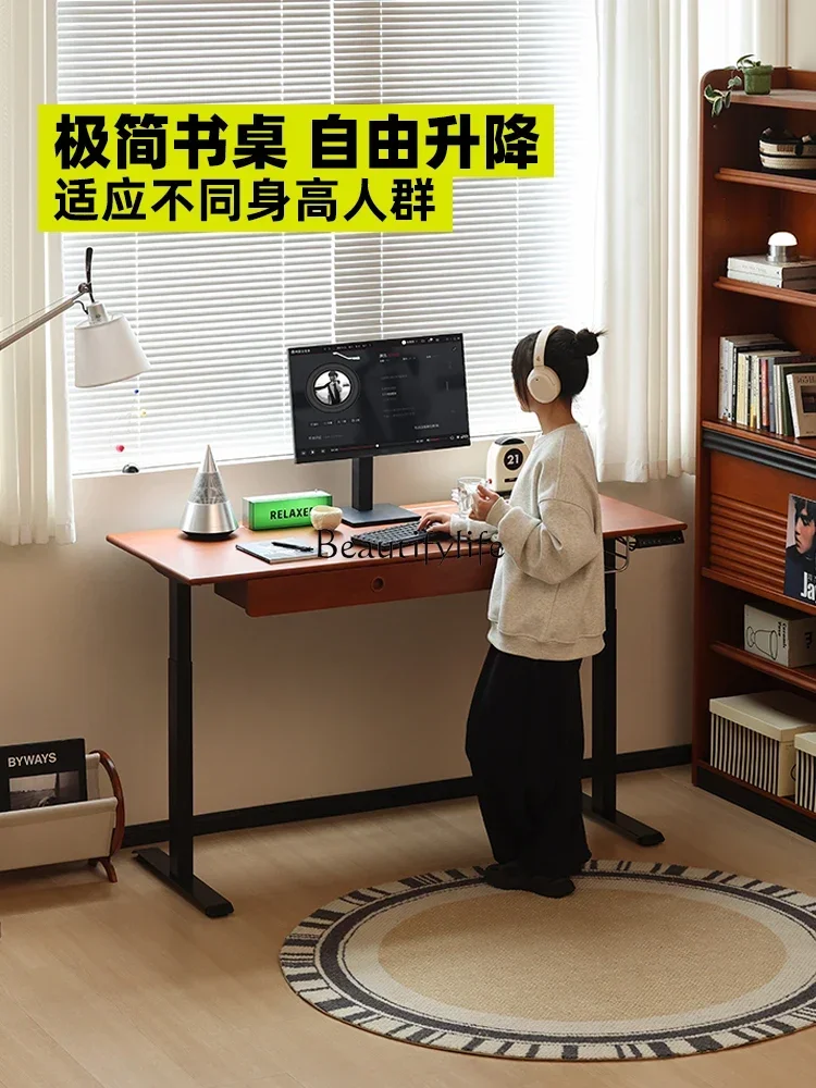 02Solid wood electric lifting table retro dual motor learning office game table