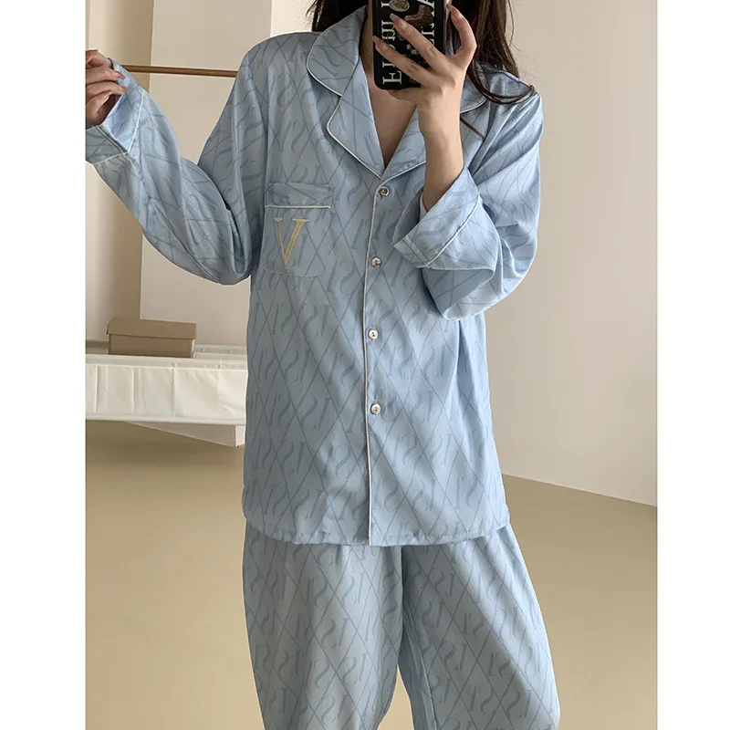 Satin Casual Home Clothes Spring Autumn Long Sleeved Pants 2PCS Nightwear Fashionable Printed Lapel Sleepwear Women's Loungewear