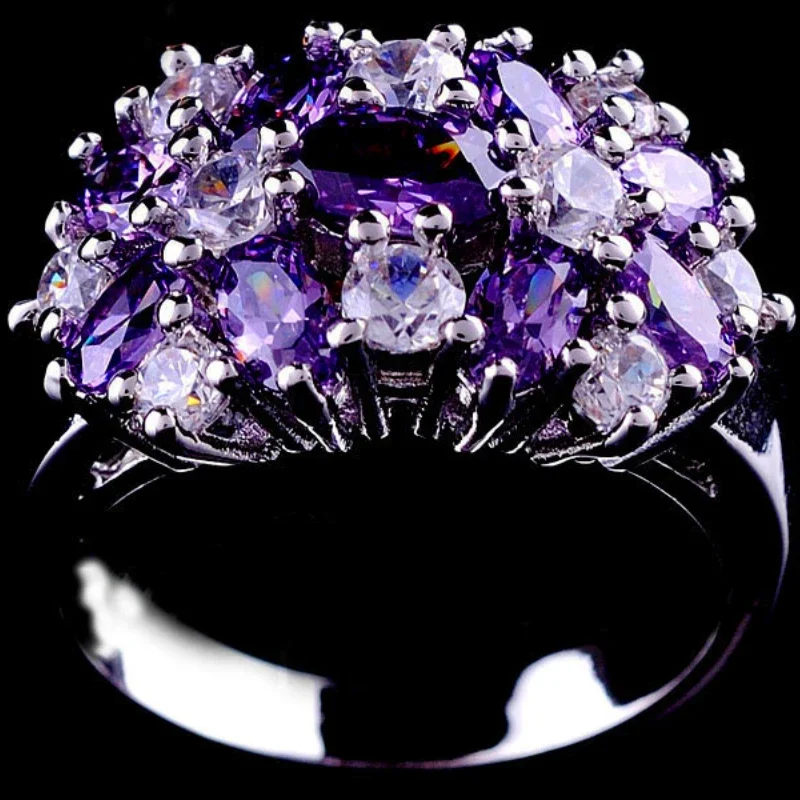 Luxury Female Pink Purple Blue Flower Ring Fashion Silver Color Engagement Ring Luxury Promise Wedding Rings For Women