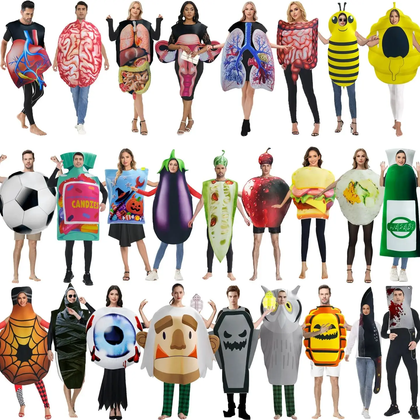 

Креативные костюмы фруктов и овощей для Хэллоуина: костюм тыквы, костюм глазного яблока, костюм кукурузы.