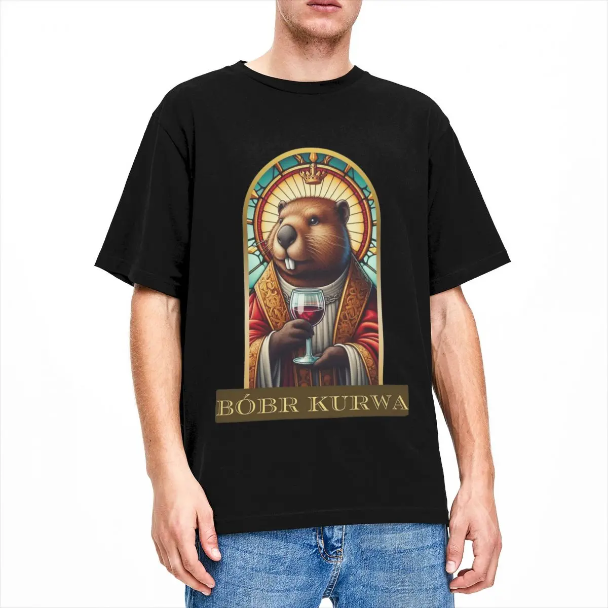 Saint Beaver Meme Bobr Bober Kurwa T-Shirt for Men Cool Pure Cotton Tee Shirt O Neck Short Sleeve T Shirt New Arrival Clothing