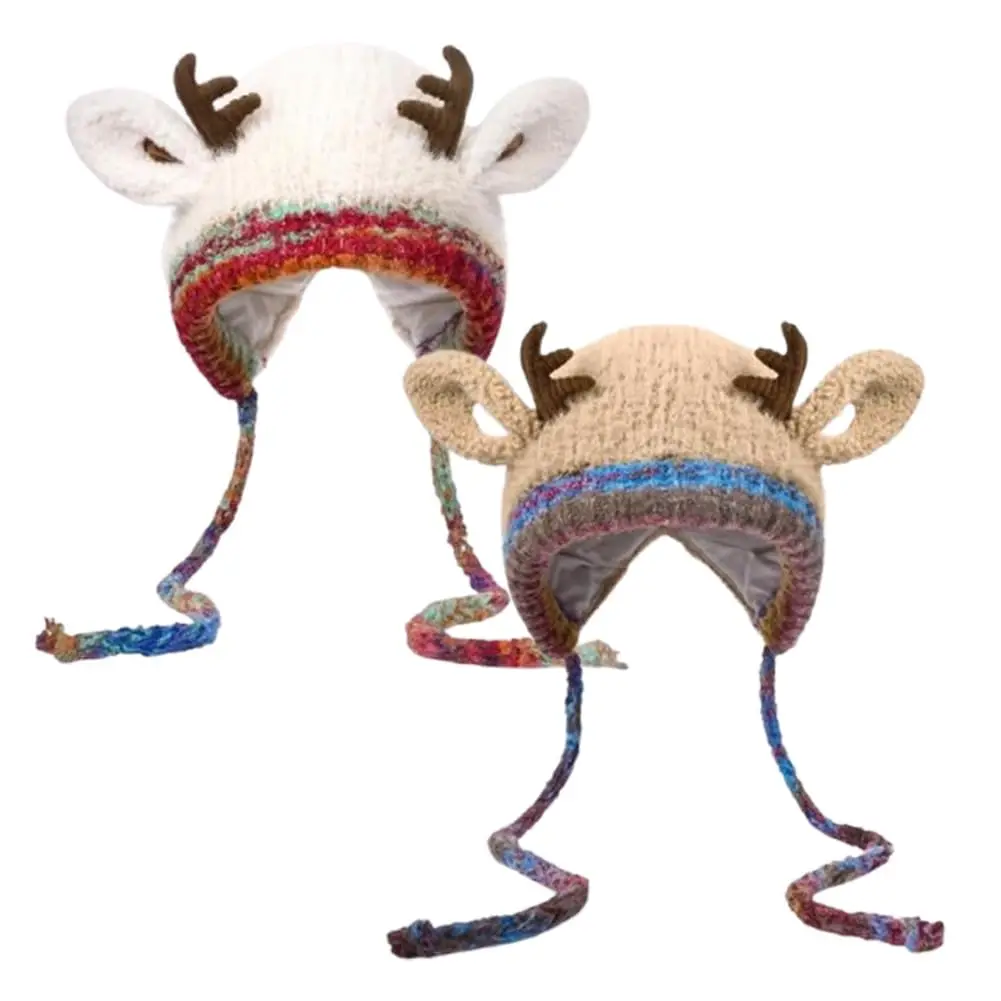 Christmas Elk Hat Foldable Knitted Reindeer Beanie Convertible Reindeer Hat Windproof Deer Antler Hat For Winter Wear Holiday