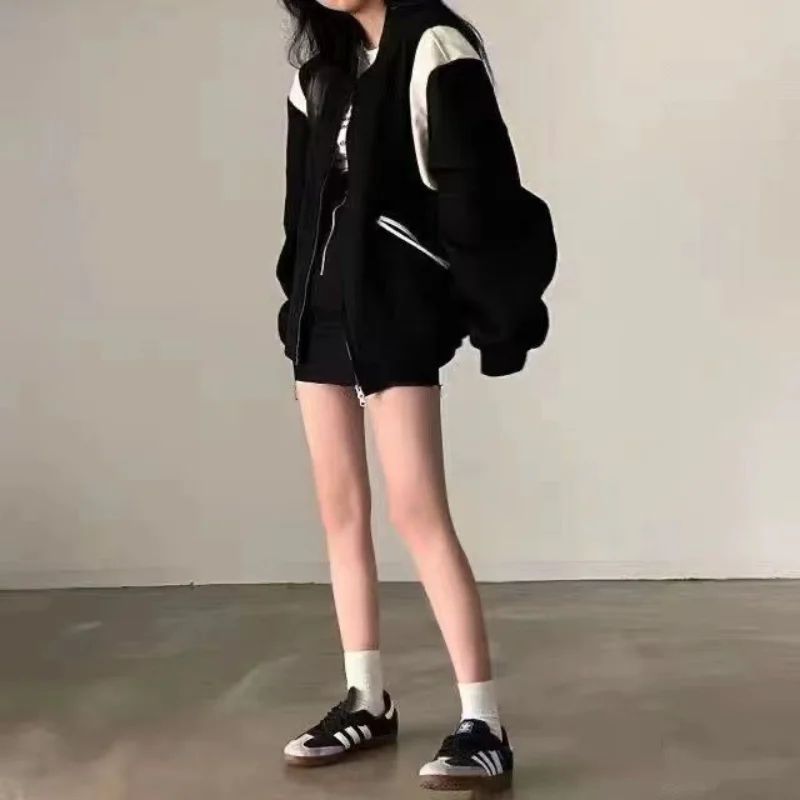 

Fleece Korean Style Stand Collar Loose Zipper Jacket for Women's Sweatshirt Cardigan Baseball Uniform Color-blocking Top