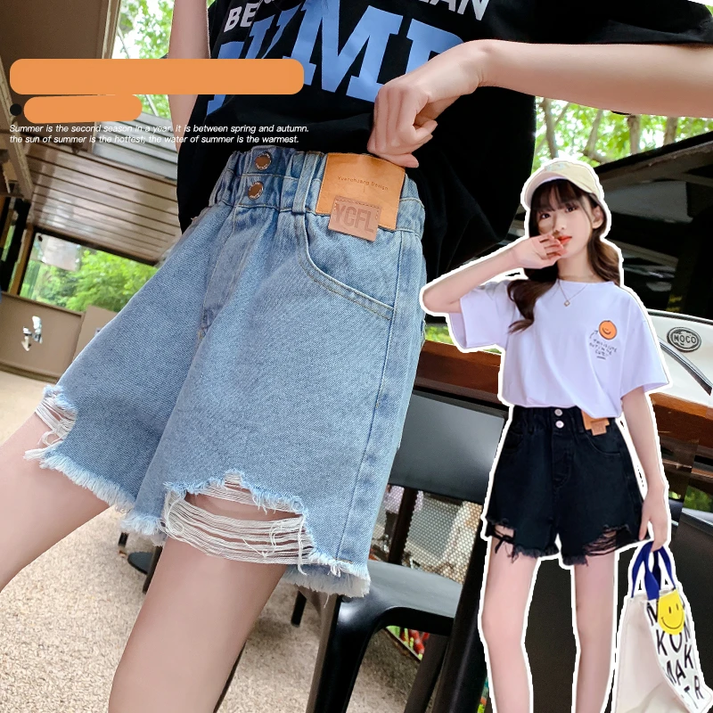 

Kids New Designer High Waist Destroyed Denim Shorts with Buttons for Tweens Girl Obovatus Casual Street Ripped Jeans Shorts 5-14