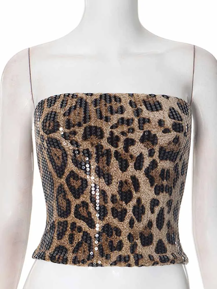 BKQU Strapless Leopard Printed Corset Tops Women Fashion Sequins Zipper Backless Tube Top Sexy Night Club Y2K Crop Tops Vest