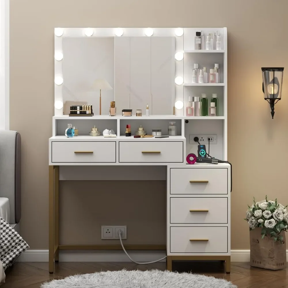 Vanity Desk with Lighted Mirror & Power Outlet, Makeup Table with 5 Drawers, Two Cubby & Shelf, Vanity Dresser with 11 Lights