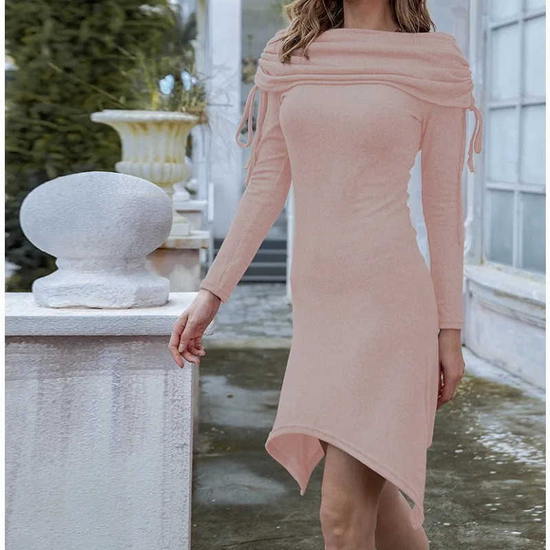 Women's Off Shoulder Stacked Collar Pullover, Long Sleeve Slim Dress, Temperament Commuting, Autumn Fashion, Casual Dresses