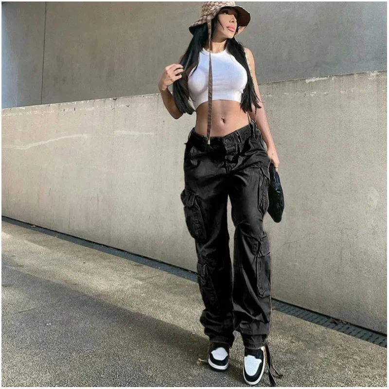 Autumn/Winter New Womens Cargo Straight Trousers High Waist Loose Wide Leg Vintage Dad Jeans for Women