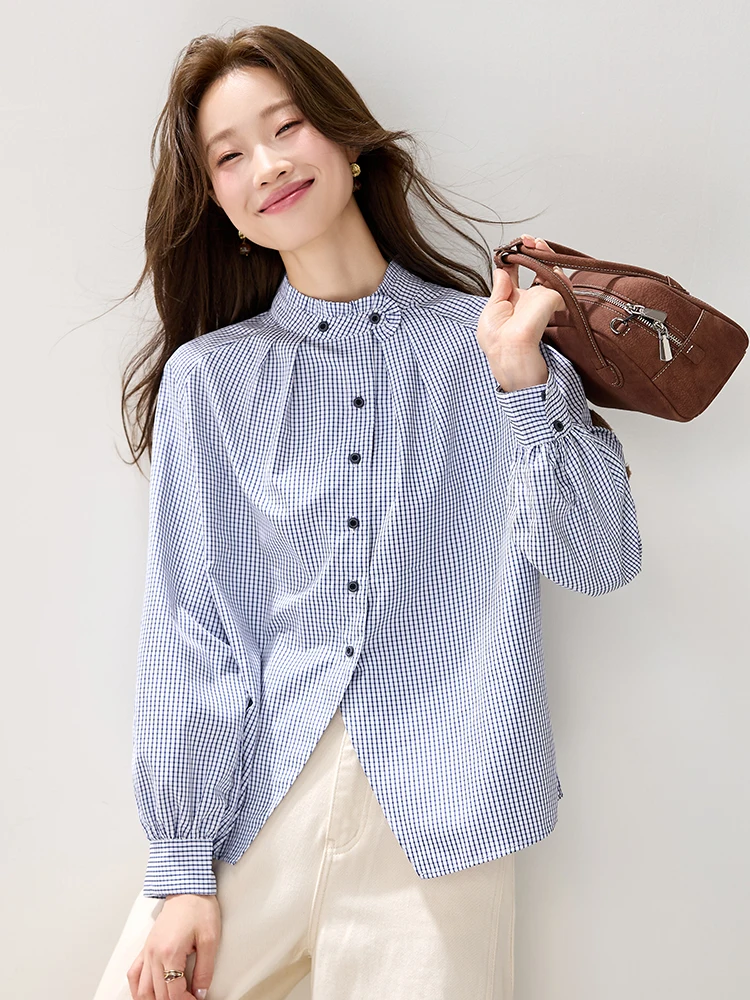 خمر الوقوف طوق منقوشة الكشكشة قميص المرأة الخريف سيدة أنيقة بسيطة تنوعا الأزرق فضفاضة طويلة الأكمام بلوزة بلايز عادية