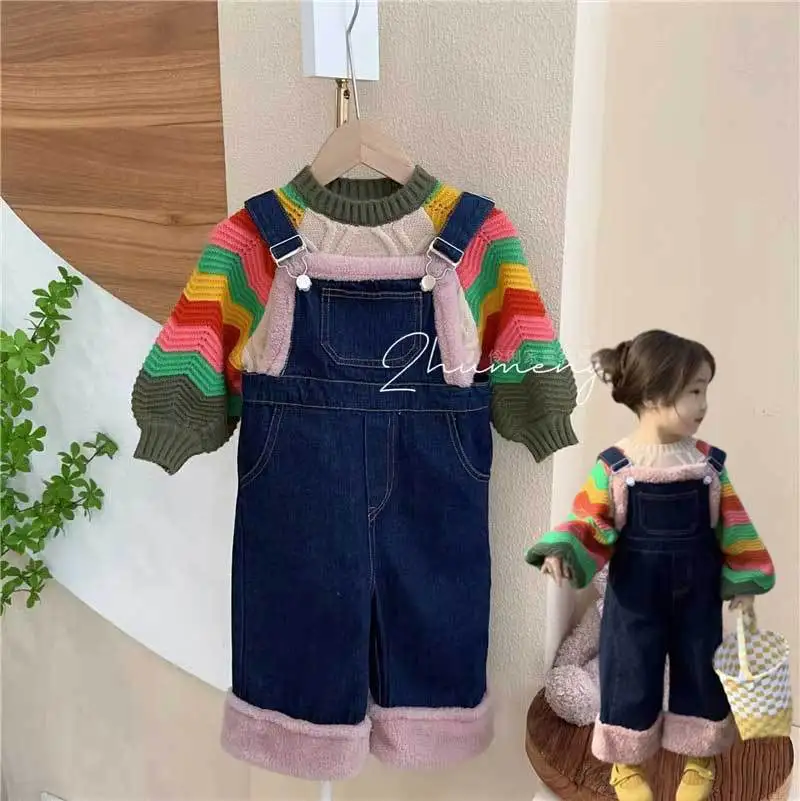 

Ping Tou Ge 2024 Spring New Korean Girls' Contrast Wave Lantern Sleeves Sweater Lamb Wool Denim Strap Pants