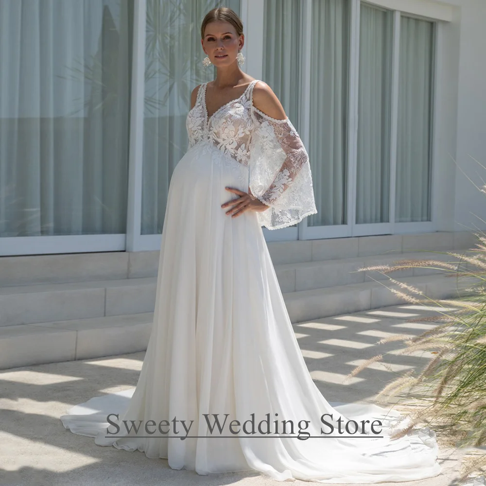 Wedding Dress for Pregnant Bride Customized Detachable Batwing Sleeves V Neck See Through Woman Empire Bridal Gown