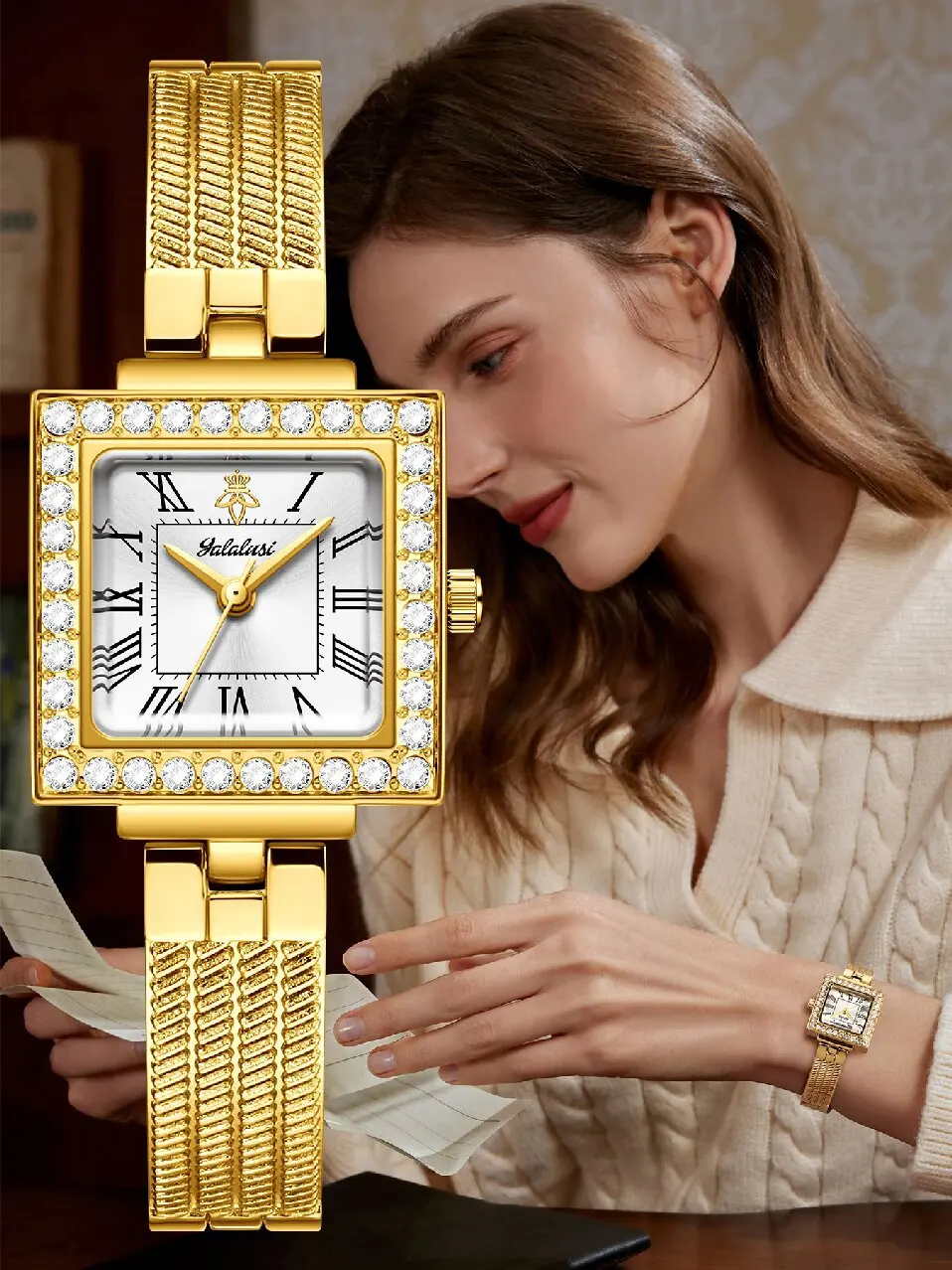 Gift Set (1) Women's Quartz Watch+Necklace+Earrings+Ring+Gift Box, Holiday Birthday Gift