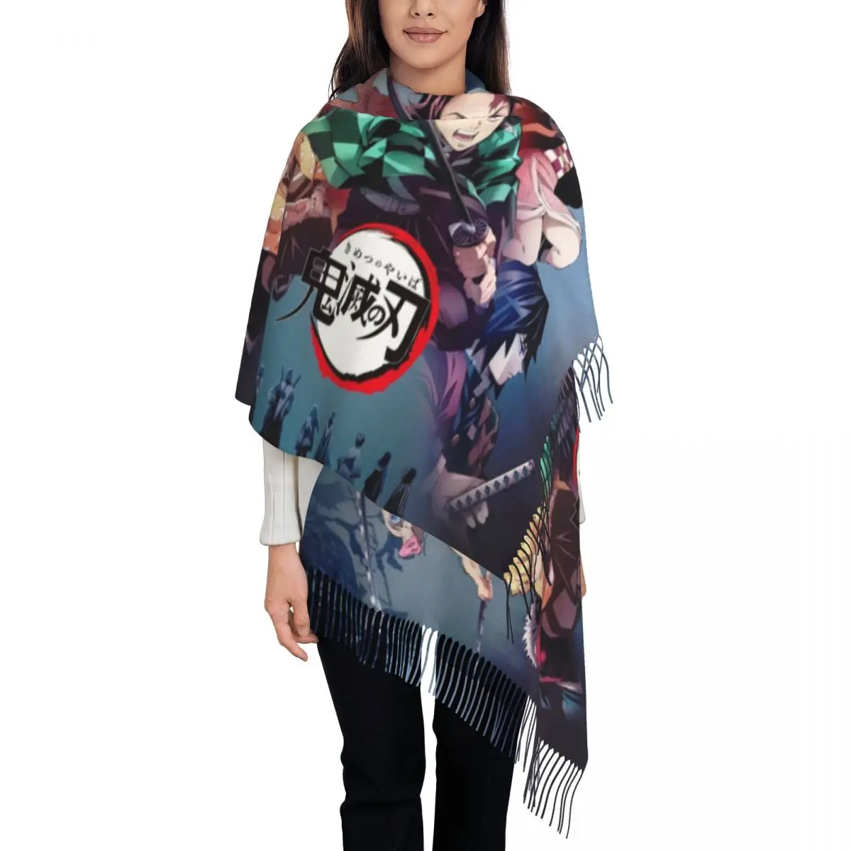 Tanjiro Kimetsu No Yaiba Manga Scarf Wrap for Women Long Winter Fall Warm Tassel Shawl Kimestu No Yaiba Anime Manga Scarves