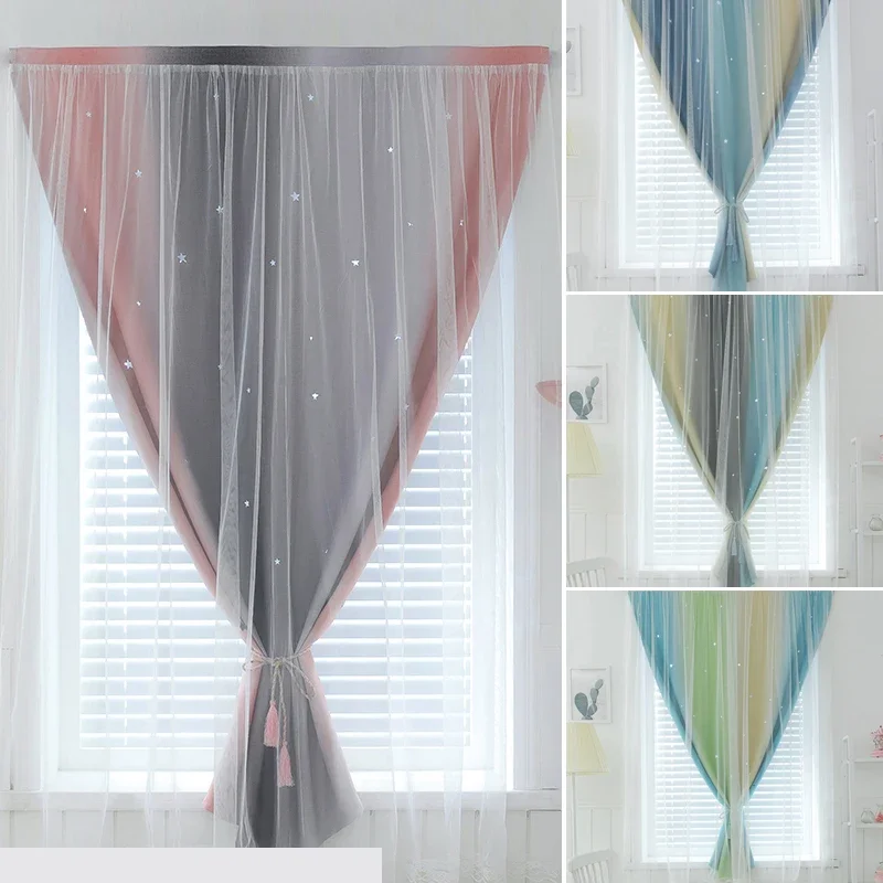 Punch-Free Double-Layer Hollow Star Curtains For Home Decor Bedroom Living Room Decoration Shading Easy Install Window  Curtain