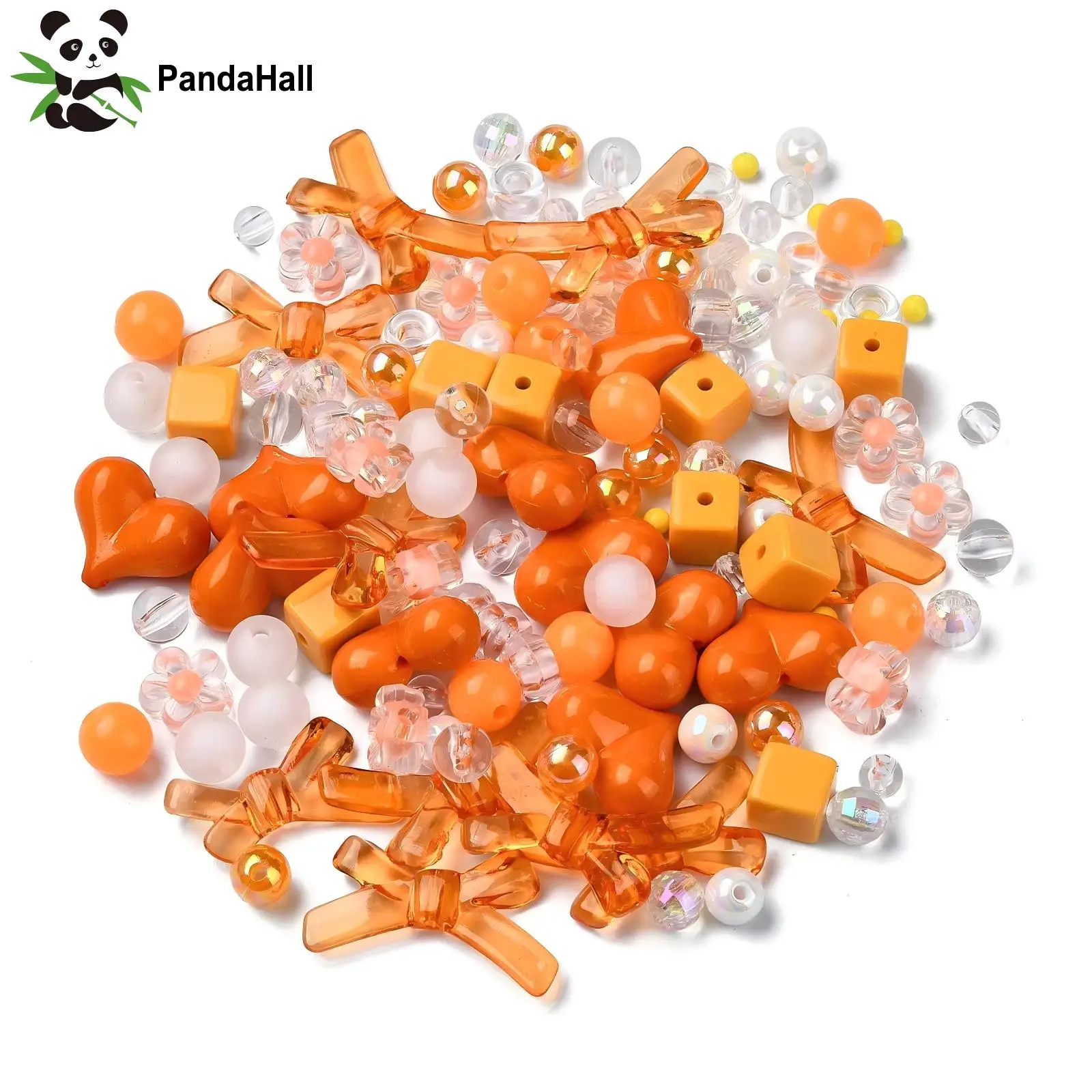 PandaHall 100Pcs Orange Acrylic Beads Kit Acrylic Plastic Bow Heart Round Beads Bulk for Jewelry Making DIY Crafts