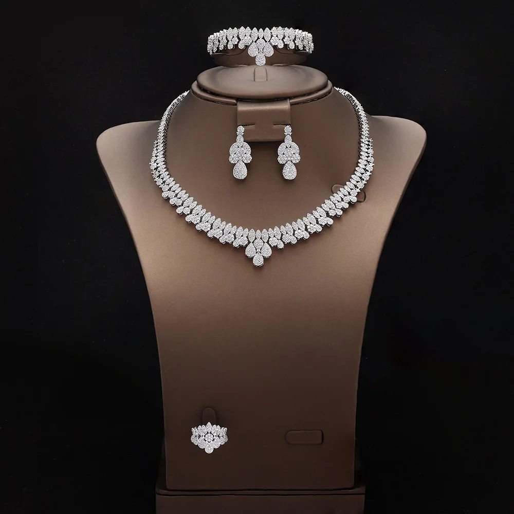 Luxury Wedding Jewelry Set Micro Inlaid Full Stone Necklace Earrings Bracelet Ring Bridal Accessories Women Christmas Gift
