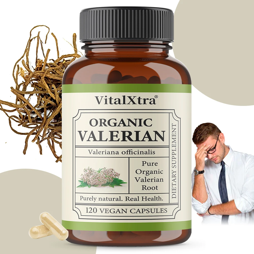 Cápsulas de suplemento de raíz de valeriana, alivian el estrés, mejoran la calidad del sueño, promueve la calma y la relajación, vegano, no OGM