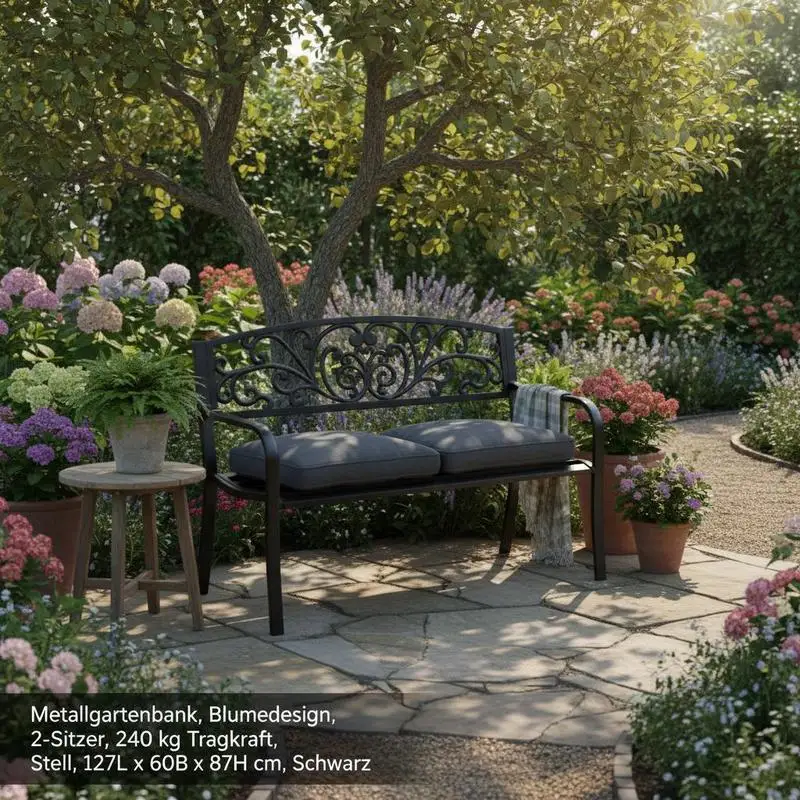 Outsunny metal garden bench, floral design, 2-seater, 240 kg load capacity, steel, 127L x 60W x 87H cm, black