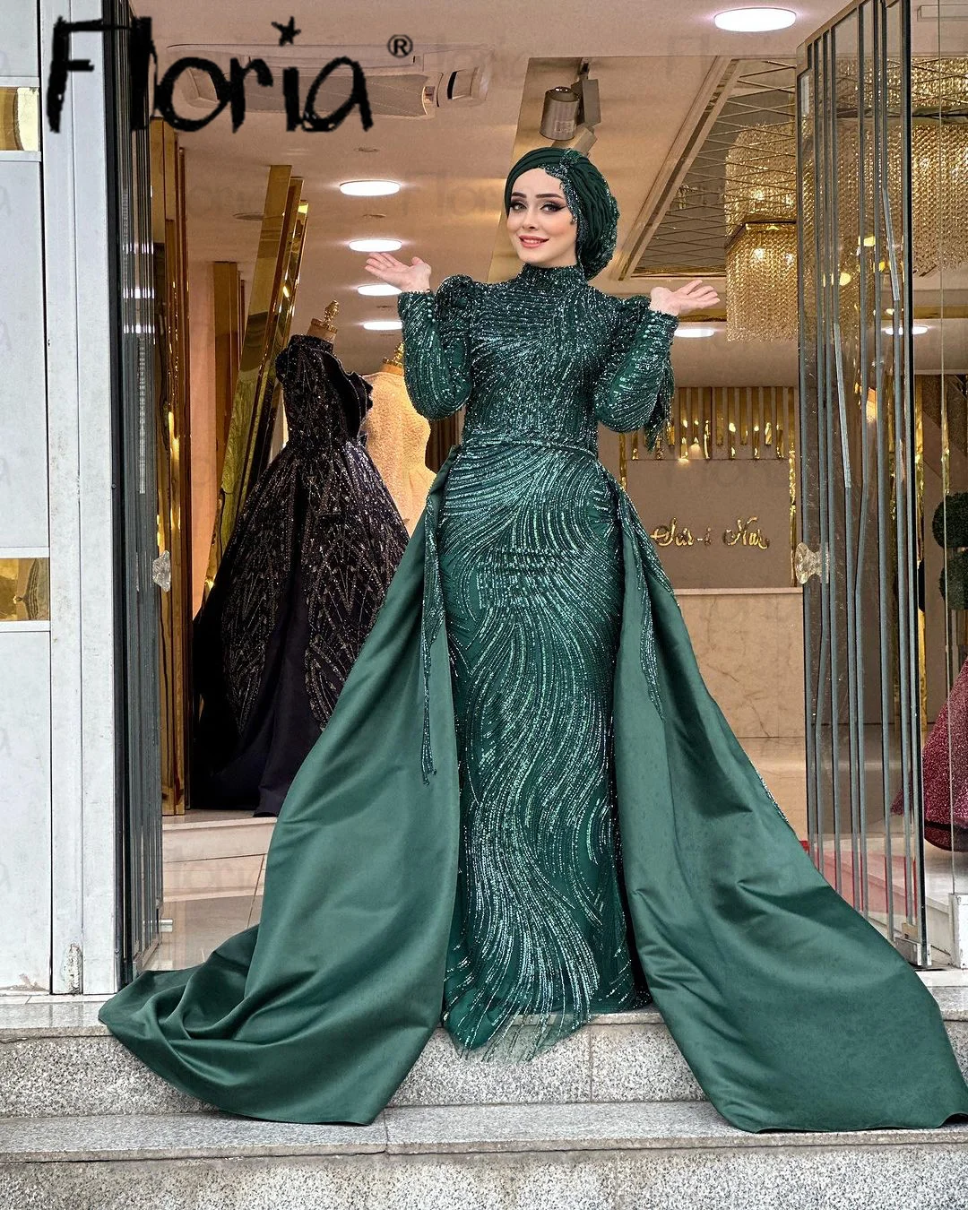 Floria Luxury Dubai Emerald Green  Muslim Evening Dress Overskirt Long Sleeves Plus Size Women Wedding Party Plus Size Custom