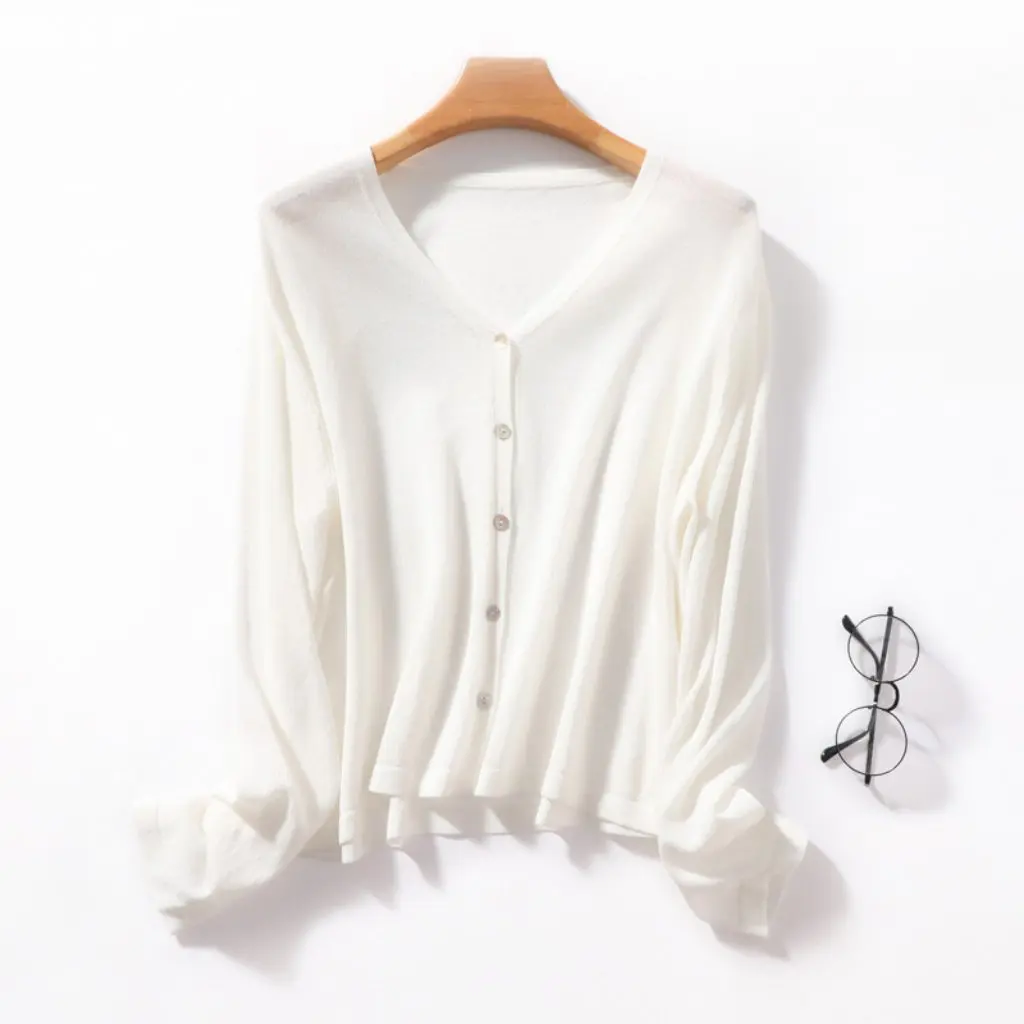 

Women's Summer Ramie Knitted Cardigan V-neck Short Ice Silk Jacket Thin Loose Sunscreen Air-conditioning Top