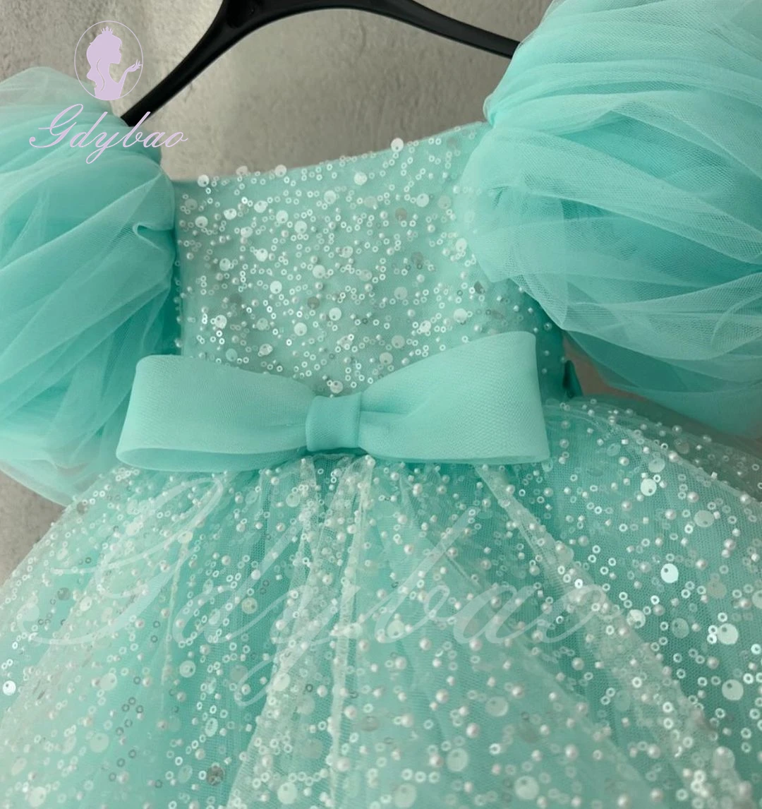 Green Beaded Flower Girl Dress For Wedding Short Sleeves Puffy Tulle Baby Kids Birthday Party First Communion Gowns