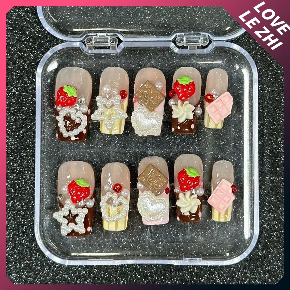 10Pcs Kawaii Cartoon Handmade Wearable Press On Nails 3D Flower French Almond Ballerina Quadrate Diamond Star Heart Fake Nails