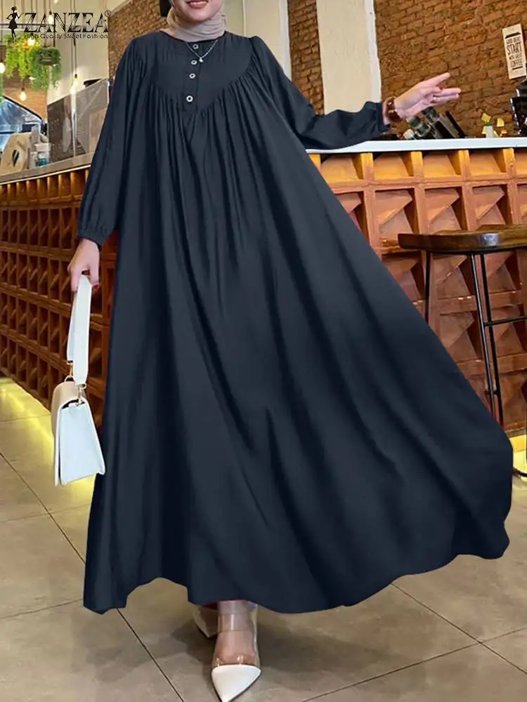 ZANZEA Fashion Autumn Long Sleeve Muslim Dress Abaya Women Oversize Sundress Islamic Dubai Hijab Dress Maxi Vestidos Robe Femme