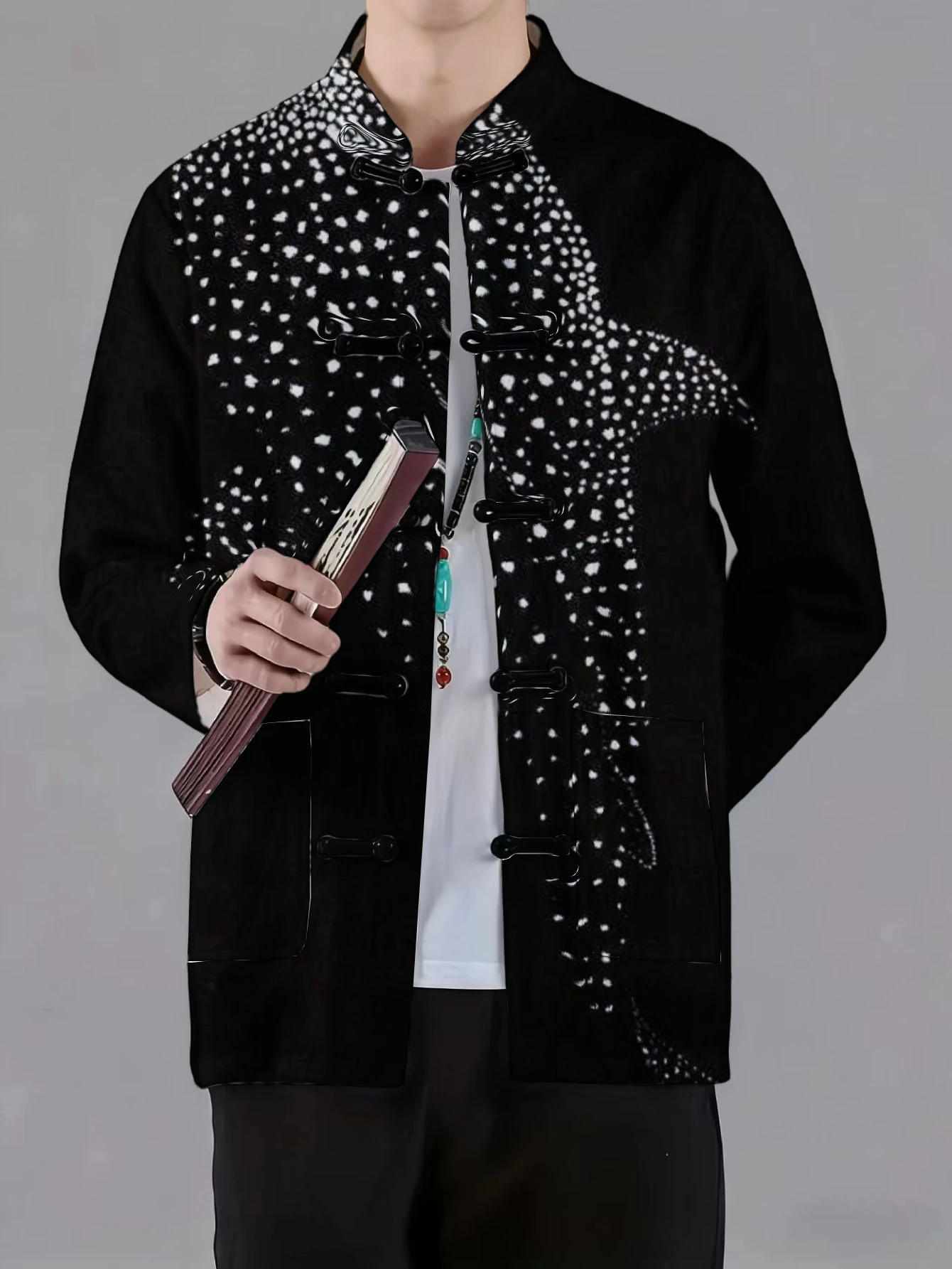 Men Mandarin Collar Frog Button Jacket Lotus Koi Star Rose Spot Art Print Traditional Outerwear
