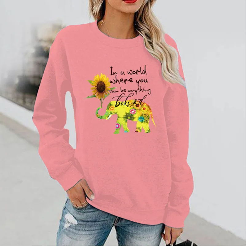 Sunflower Elephant Print Long Sleeve Crewneck Hoodie Without A Hat Streetwear Women  Sweatshirt  Aesthetic