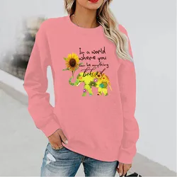 Sunflower Elephant Print Long Sleeve Crewneck Hoodie Without A Hat Streetwear Women Sweatshirt Aesthetic