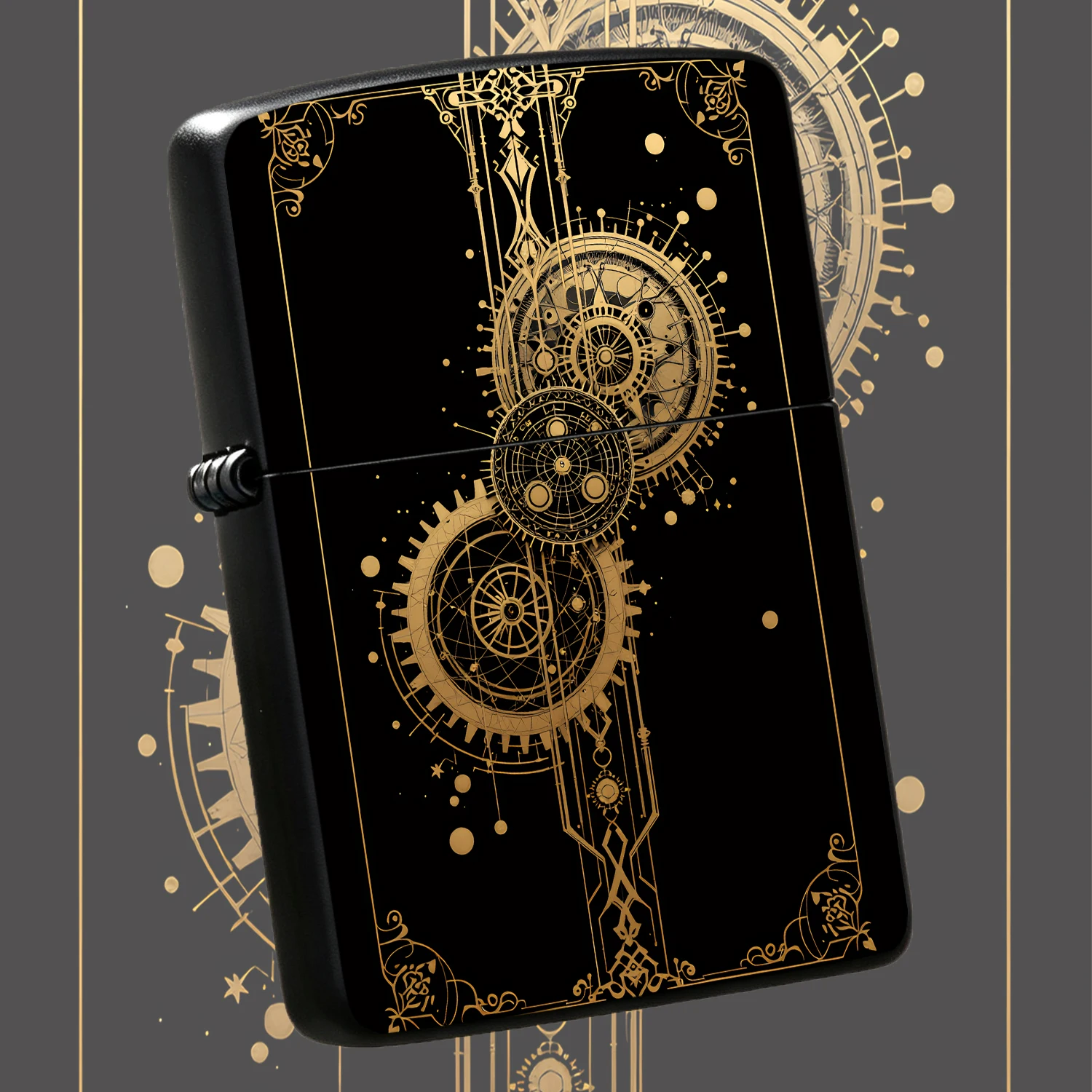 English: Retro Steampunk Gear Pattern Lighter, Exquisite Gold Foil Black Background Decor, Portable Daily Use Igniter, Elegant Collectible Ornament, Ideal Gift For Any Occasion, Delicate Aesthetic Accessory For Daily Scenarios, High-End Art