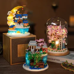 Chinese Ancient Architecture Building Blocks Series Model Sakura Bonsai Tree Peach Blossom Pool Adult Home Decorations DIY Gifts