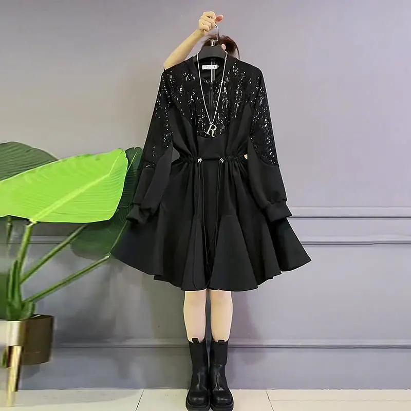 

Korean Ruffles Patchwork Dresses Spring Autumn Stylish Sequined Zipper Female Clothing Commute Waist Shirring A-Line Midi Dress