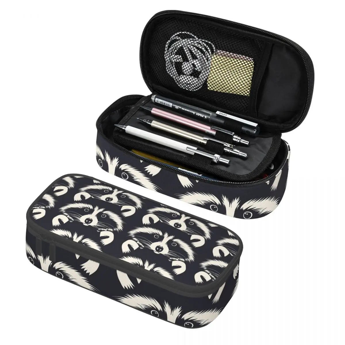 

Black And White Raccoon Face Pattern Pencil Cases Pen Holder Storage Stationery Large Capacity Pen Box Pencil Bag for Students