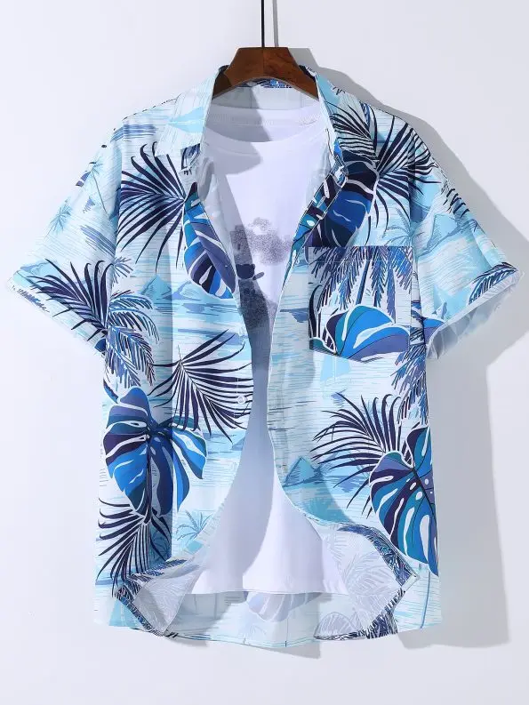 Men Summer 3D Print Lapel Shirt Polyester Red Hibiscus Floral Short Sleeve Hawaiian Beach Shirt