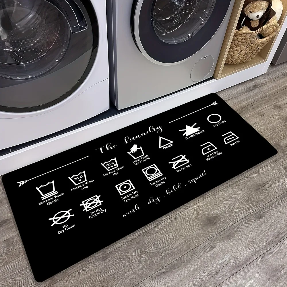 Laundry Room Rug Wash Dry Fold Symbols Print NonSlip Floor Mat for Laundry Room Bathroom Utility Area Vintage Home Decor