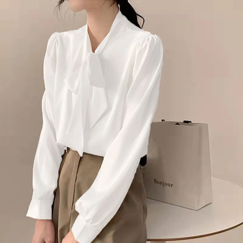 

2025 New Lace-Up Bowknot Chiffon Shirt Women Spring Autumn Loose Soft Lantern Sleeve Blouses French Gentle Style White Shirts